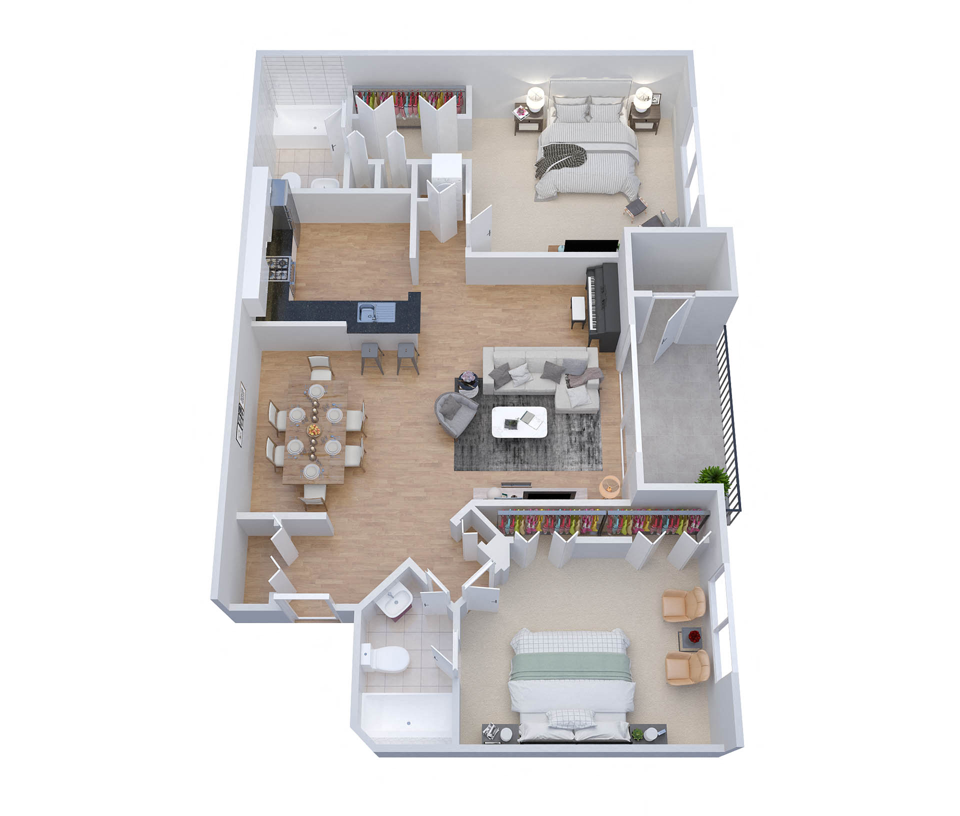 Floor plan for 2 beds, 2 baths, 1055 sqft